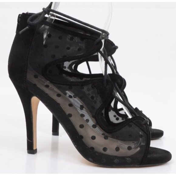 Torrid Women 8 WIDE Width Black Polka Dot Mesh Lace Up Open Toe Gothic Heels - Picture 6 of 10